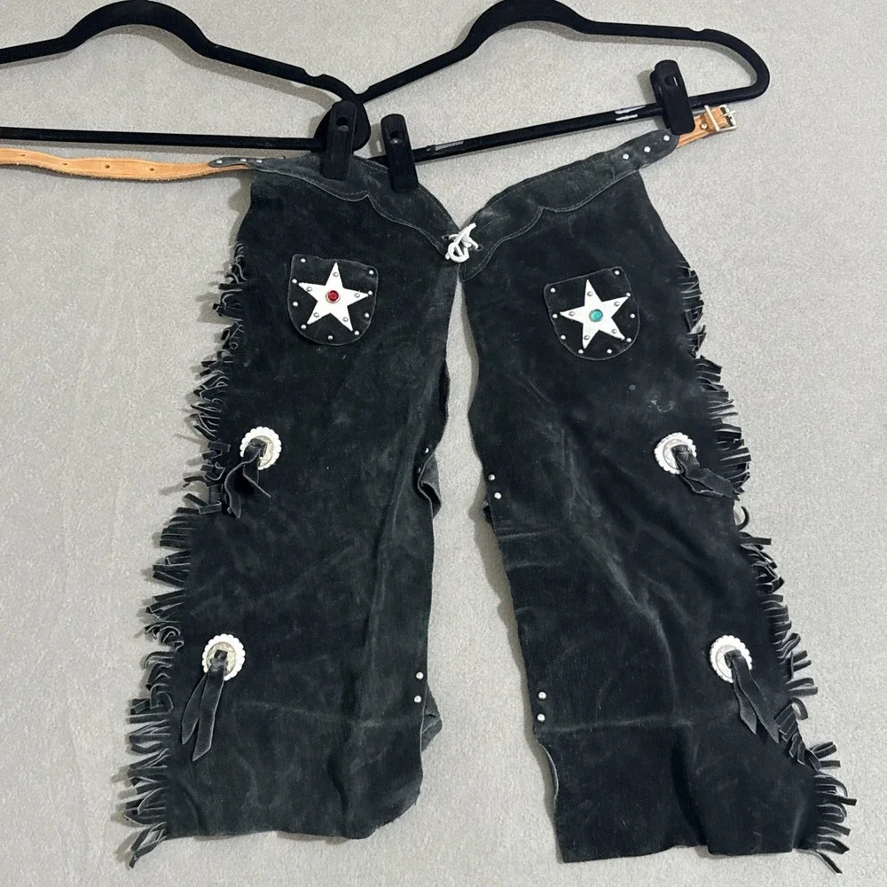 Kids Boys Girls S M Black Suede Leather Western Chaps Cowboy Belted Waist Fringe